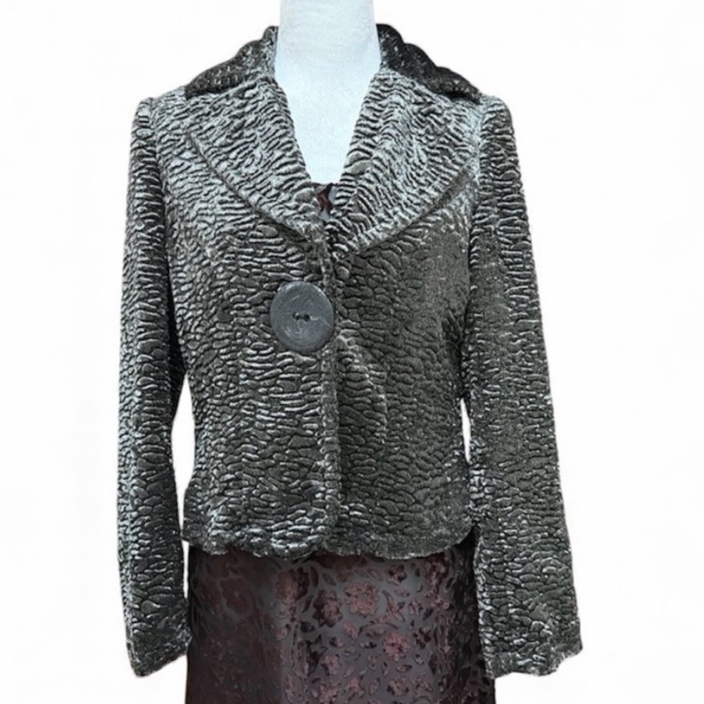 Faux Persian Lamb Jacket Snap Close Notched Collar Lined Shimmering Gun Metal 38